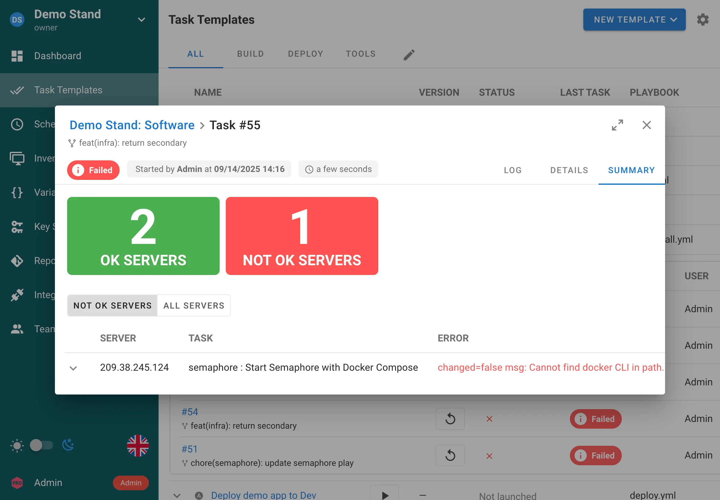 Semaphore UI Pro task summary with OK and failed servers